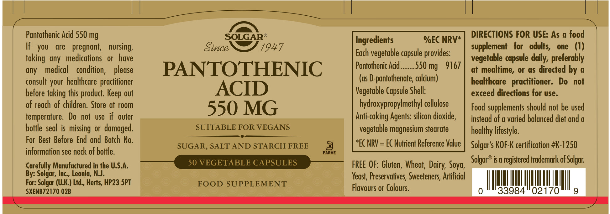 SOLGAR - Pantothenic Acid 550 mg - 50 Vegetable Capsules | One Life Health