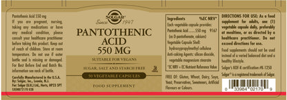 SOLGAR - Pantothenic Acid 550 mg - 50 Vegetable Capsules | One Life Health