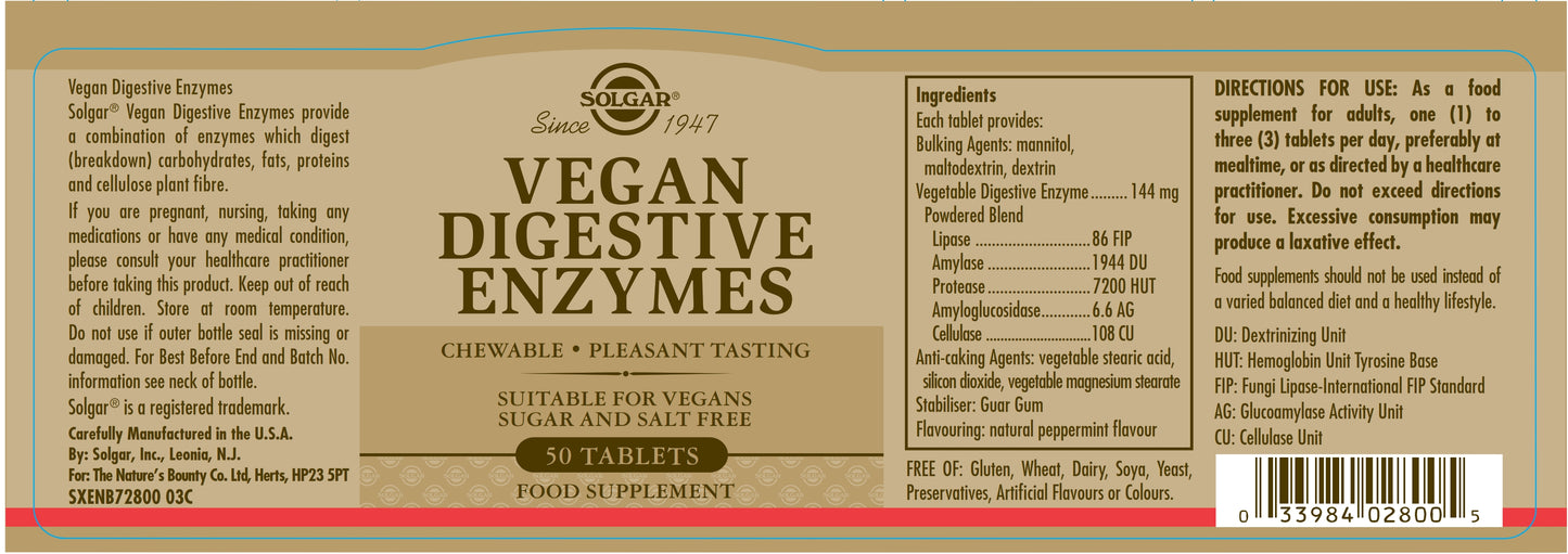 SOLGAR - Vegan Digestive Enzymes – 50 Chewable Tablets | One Life Health