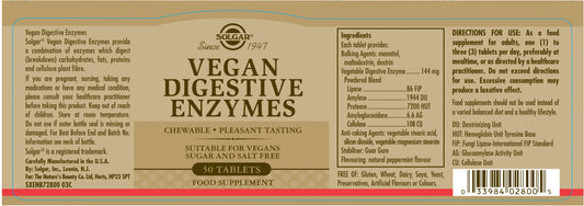 SOLGAR - Vegan Digestive Enzymes – 50 Chewable Tablets | One Life Health