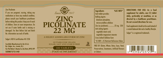 SOLGAR - Zinc Picolinate 22 mg – 100 Tablets | One Life Health