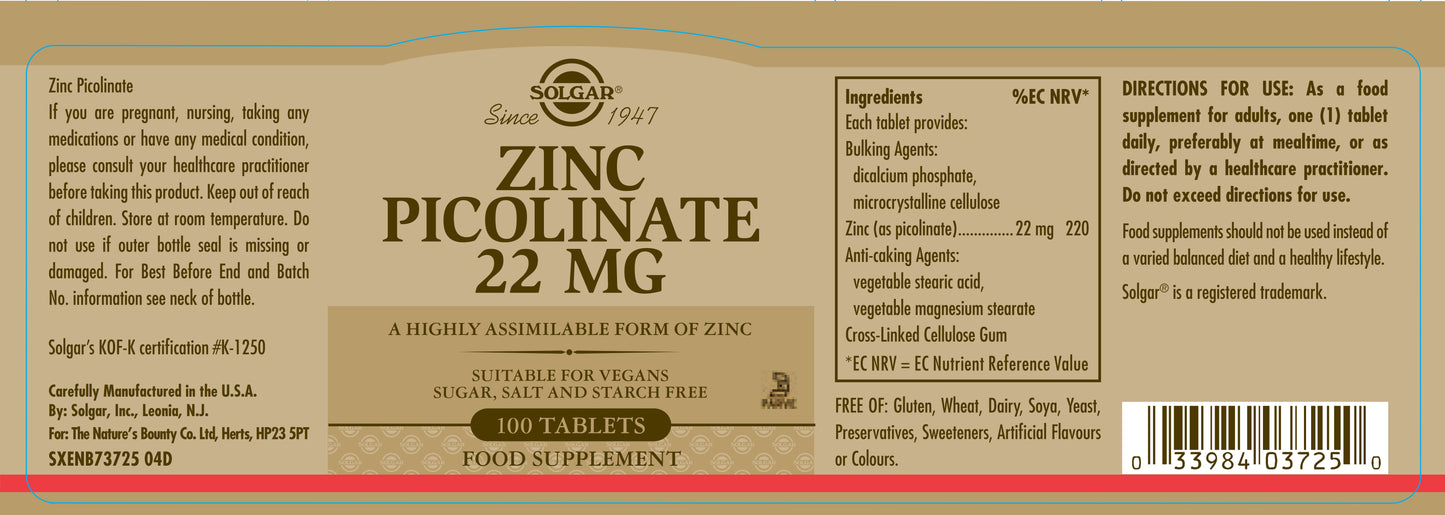 SOLGAR - Zinc Picolinate 22 mg – 100 Tablets | One Life Health