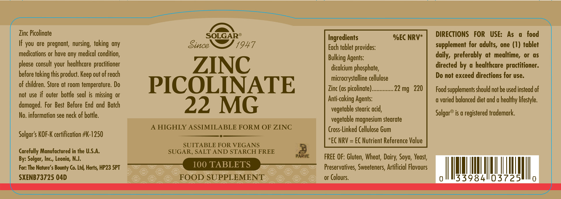 SOLGAR - Zinc Picolinate 22 mg – 100 Tablets | One Life Health