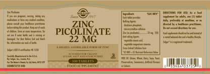 SOLGAR - Zinc Picolinate 22 mg – 100 Tablets | One Life Health