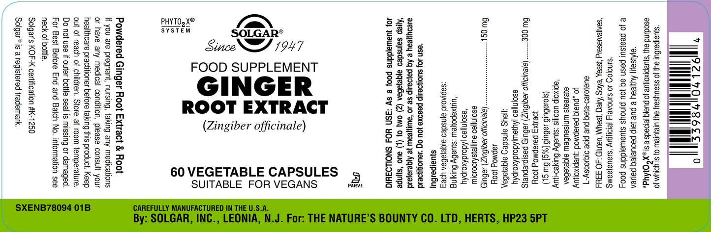 SOLGAR - Ginger Root Extract – 60 Vegetable Capsules | One Life Health