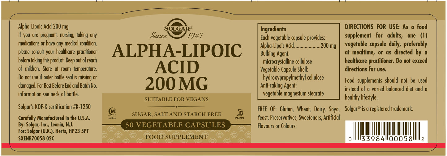 SOLGAR - Alpha-Lipoic Acid 200 mg – 50 Vegetable Capsules | One Life Health