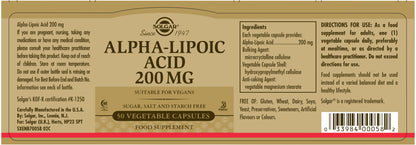SOLGAR - Alpha-Lipoic Acid 200 mg – 50 Vegetable Capsules | One Life Health