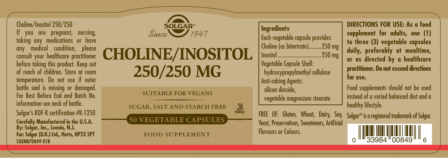 SOLGAR - Choline 250 mg / Inositol 250 mg – 50 Vegetable Capsules | One Life Health