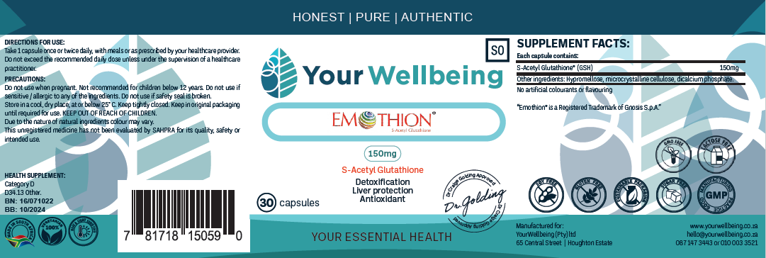 YOUR WELLBEING - Emotion (S-Acetyl Glutathione) 150mg 30 Capsules | One Life Health