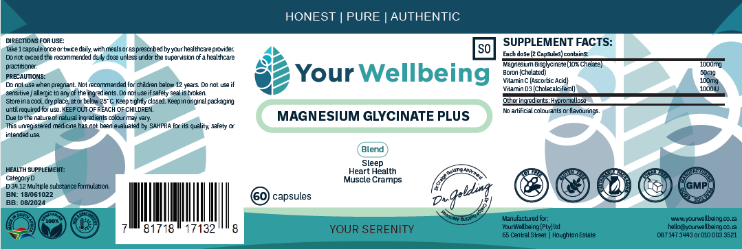 YOUR WELLBEING - Magnesium Glycinate Plus 60 Capsules | One Life Health