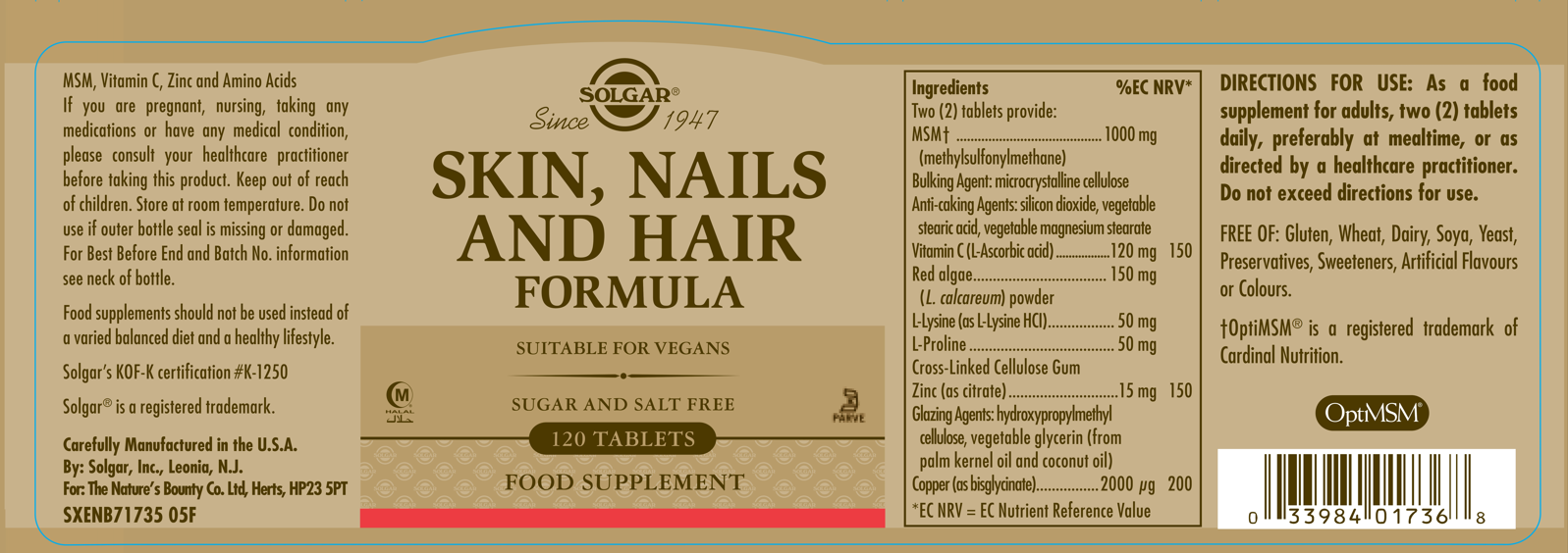 SOLGAR - Skin, Nails and Hair Formula – 120 Tablets | One Life Health