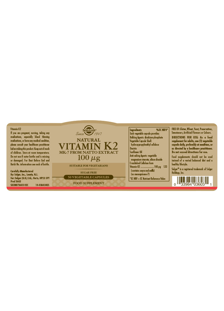 SOLGAR - Vitamin K2 100 µg - 50 Vegetable Capsules | One Life Health