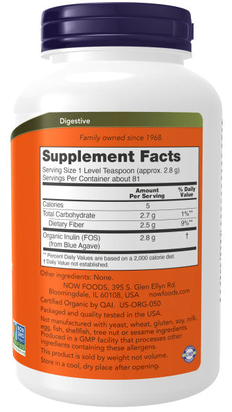 NOW®  - Inulin Prebiotic Pure Powder, Organic - 227g | One Life Health